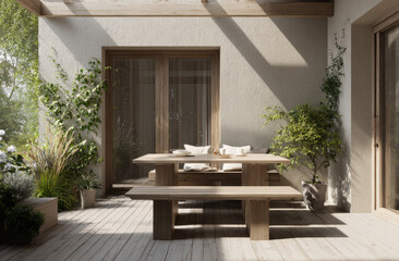 Fototapeta premium Wooden outdoor terrace with garden furniture and lush green potted plants in natural sunlight