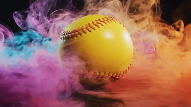 Bright Yellow Softball Ball With Red Stitching Centered Against Colorful Smoke Clouds With Reflection On Black Surface