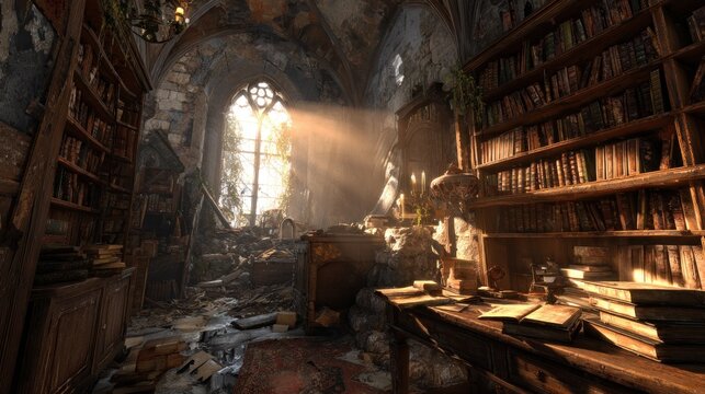 Old library interior with bookshelves and sunlight streaming through window