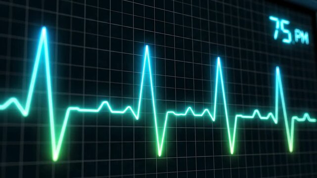 Close up of a dynamic electrocardiogram EKG heart monitor display showing fluctuating green and blue waveforms with pulse rate 75 bpm against a dark grid background