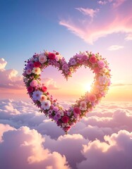 Fototapeta premium A heart-shaped floral arrangement floats in the sky