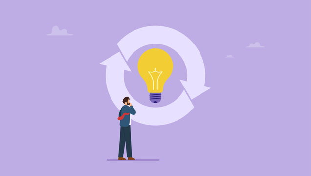 Businessman looking at rethink sign with lightbulb idea. Thinking new way to solve problem or make decisions, rethink or think again to make change for better result concept.