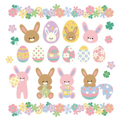 Obraz premium イースターエッグとうさぎとお花とクローバーのイラストセット