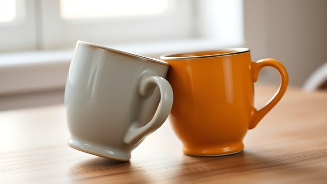 schlegel. Two ceramic mugs of different colors interlocked on a wooden table. bar promotions, beverage menus, designed for product packaging and bar promotions, used by logistics managers.