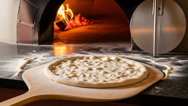 Pizza preparation in a traditional brick oven with a wooden peel