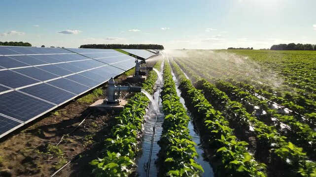 Arable Farm With Solar Panels And Irrigation System Under A Blue Sky