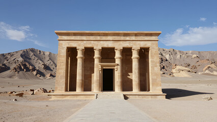Obraz premium Ancient Temple Facade With Columns In A Desert Landscape Under Clear Blue Sky