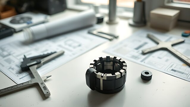 collet. Disassembled collet on a workbench beside technical drawings and calipers. safety posters, maintenance manuals, designed for precision metalworking and fabrication facilities.