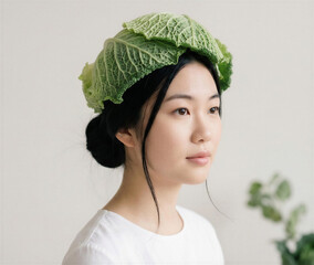 East Asian woman wearing a cabbage leaf hat in minimalist style  