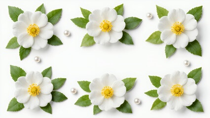 Obraz premium Collection Of White Camellia Flowers With Green Leaves And Pearls On A White Background, Flat Lay Arrangement For Design And Decoration