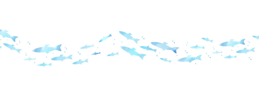 水彩風の泡と魚の群れのイラスト 　波のようなライン素材