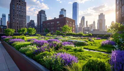 Fototapeta premium A vibrant green city park provides a scenic urban landscape view of the Chicago downtown skyline and architectural skyscrapers under a clear blue spring sky