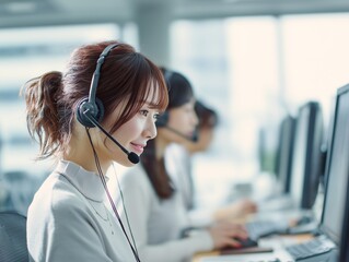 コールセンターでヘッドセットを装着して笑顔で顧客対応の仕事をするオペレーターの女性