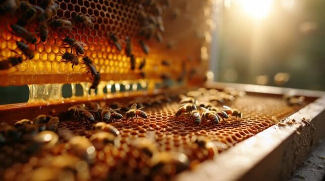 Close-up view of busy honey bees working on a golden honeycomb in a beehive with warm sunlight.