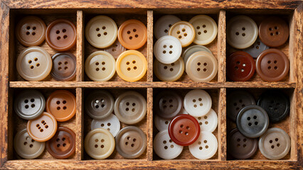 Obraz premium Wooden Box Organizer Filled With Assorted Buttons In Various Colors And Sizes For Sewing And Crafting