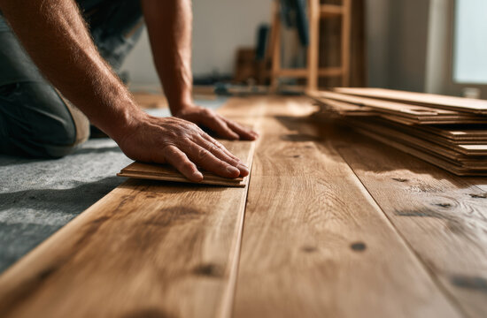 Worker installing wooden parquet flooring with hands-on approach in a well-lit room