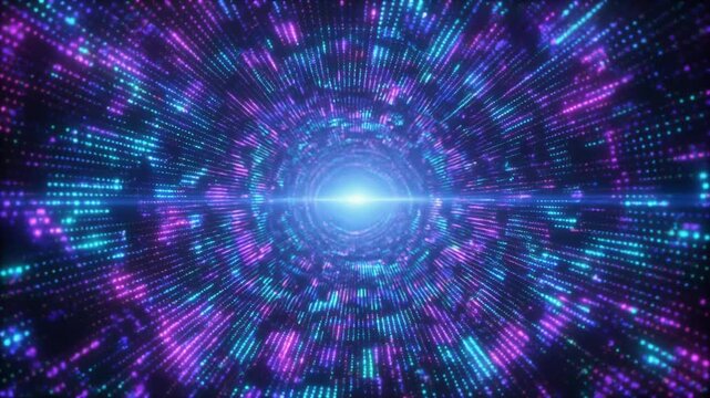 Vibrant purple and blue neon light tunnel with radiant glow