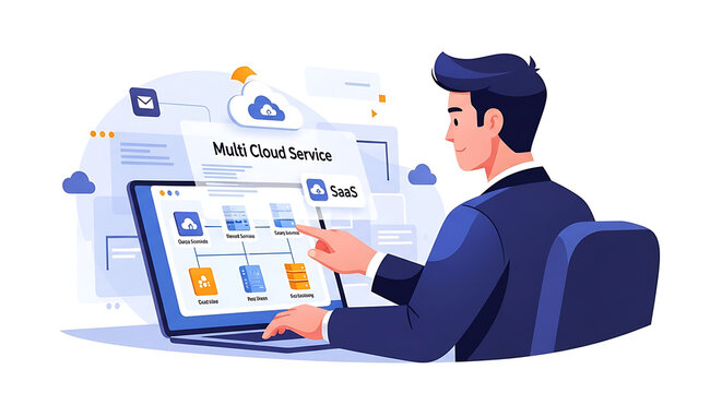 Businessman using laptop for multi cloud computing connection to server network with software platform for global data management and digital transformation.