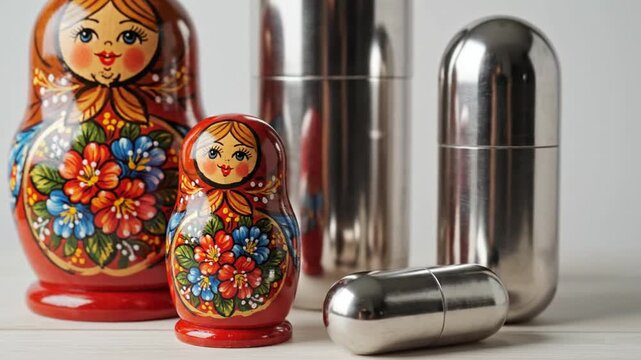 Still life of matryoshka dolls with colorful floral designs and stainless steel objects