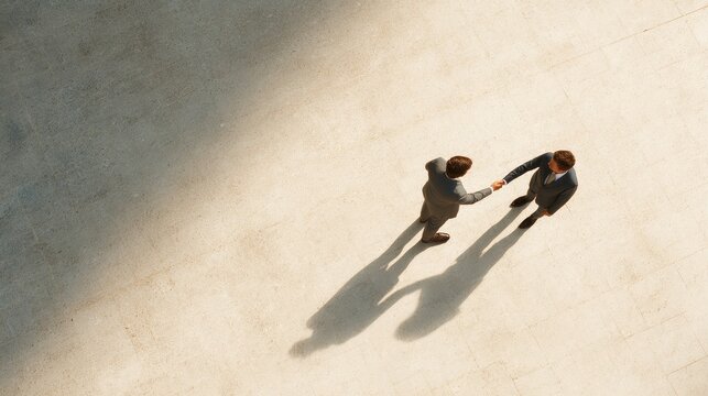 Two businessmen shaking hands from top view on neutral white background, symbolizing partnership, agreement, teamwork, and professional cooperation.