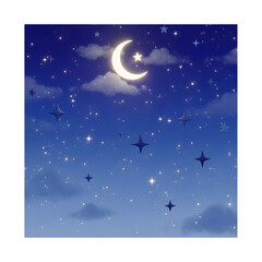 Fototapeta premium A serene night sky featuring a crescent moon, a radiant star, and many twinkling stars