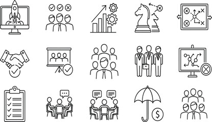 Business strategy and team management icon set featuring startup rocket, leadership, financial growth, partnership handshake, and meeting symbols in minimalist outline style