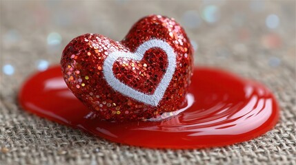 Fototapeta premium Glittery red heart melts into vibrant liquid on rustic surface