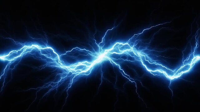Electric blue lightning bolts radiate from a central point against a dark background