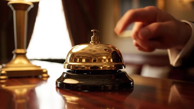 Close up of a man's hand ringing a classic hotel service bell