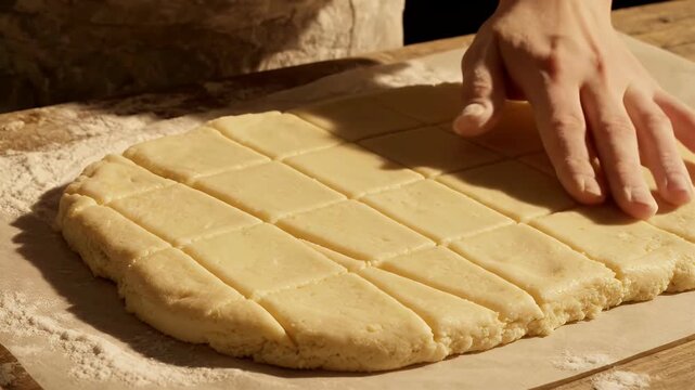 A person scoring shortbread dough on parchment paper