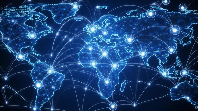 Global network connections map with glowing blue lines and dots