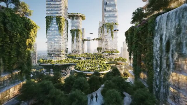 Futuristic Eco City With Verdant Buildings Lush Greenery Waterfalls And Flying Vehicles Under Bright Sunlight