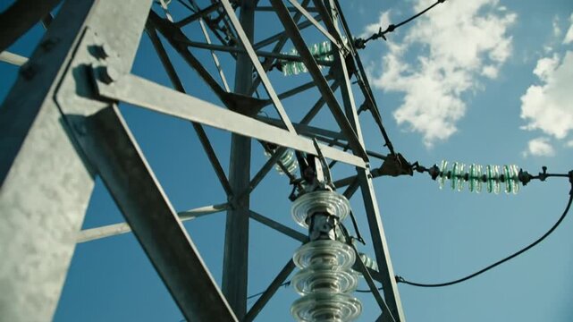 A high-angle shot of a power line with insulators against a blue sky with some fluffy clouds