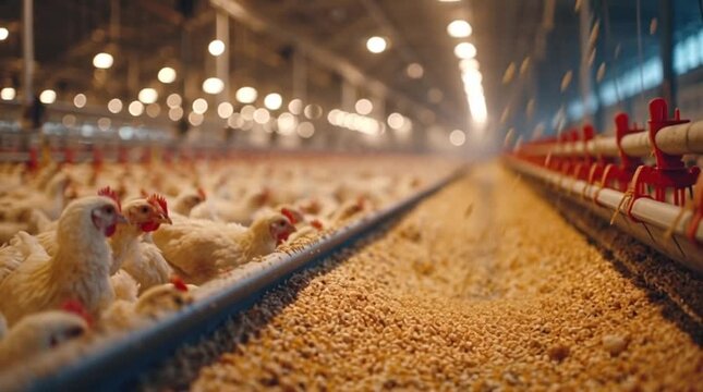 Poultry farm with chickens in a controlled environment.
