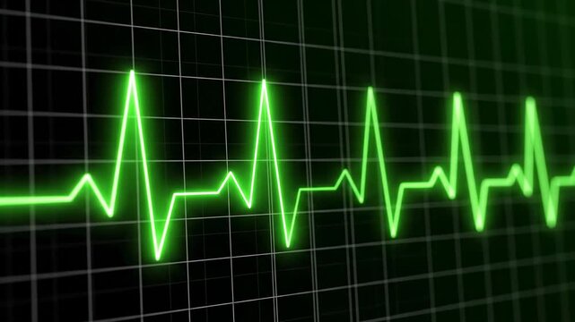 Green Neon ECG Heartbeat Line Displayed On Black Grid Background With Neon Glow And Pulse Waveform