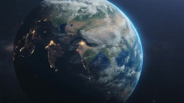 Planet the Earth, view from space, Milky Way Galaxy. Planet earth rotating animation, zoom
