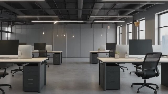Modern minimalist office space with sleek workstations and ample natural light