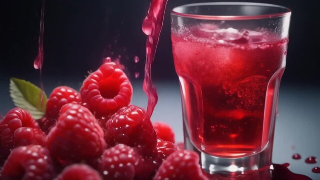 Fresh raspberries with sparkling raspberry beverage and ice, pouring splash on dark background.