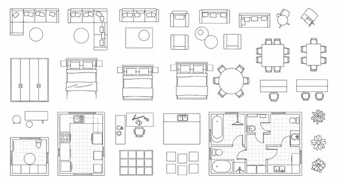Top View Interior Furniture Layout Set &ndash; Architectural Floor Plan Blueprint Icons for Residential Design Projects