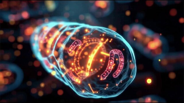 NAD+ cellular energy. Metabolic energy. Biochemical vitality. Molecular energy. Longevity vitality. Close-up 3D illustration of glowing mitochondria inside cells