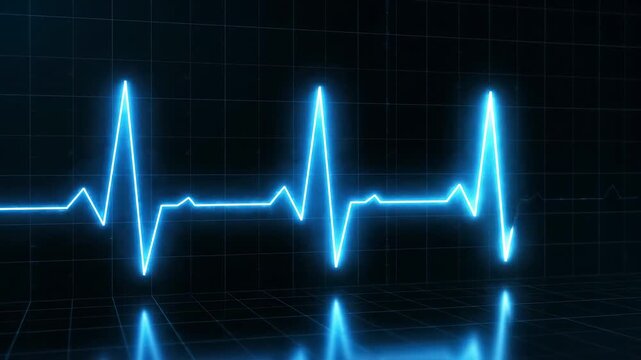 Bright Blue Neon Electrocardiogram Heartbeat Line on Dark Grid Background with Reflective Surface