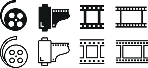 Black and White Icons of Film Reels and Film Strips