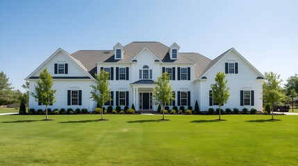 Luxury modern white mansion with green lawn exterior architecture home real estate property success wealth