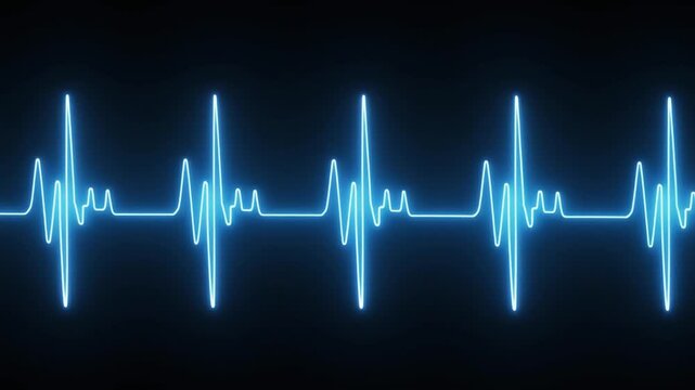 Neon blue electrocardiogram heartbeat pulse waveform monitor medical cardiology rhythm glow .