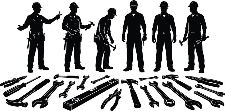 Set of construction worker silhouettes with hand tools, industrial maintenance engineer team, repair service professional icons, CAD drawing flat vector illustrations.
