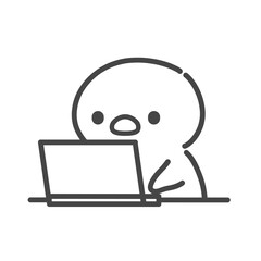 ノートパソコンを見るひよこの手書き線画イラスト シンプルでかわいいキャラクター © Nitomaru