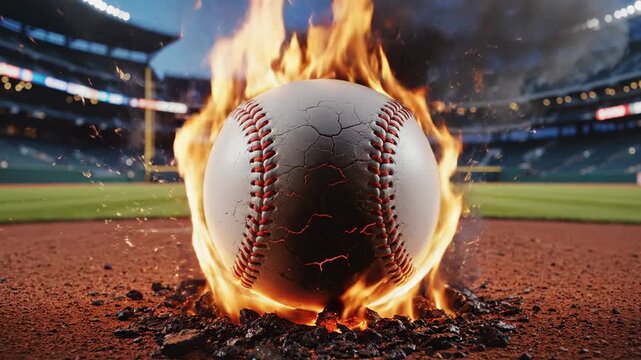 Baseball on Fire Burning on Pitcher's Mound During Night Game in Stadium with Out of Focus Stands