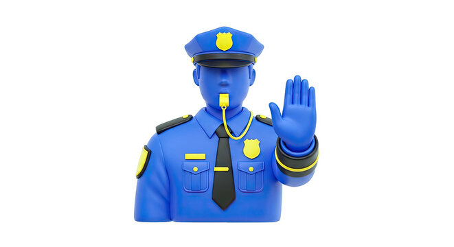 3D Blue Police Officer with Whistle and Stop Hand