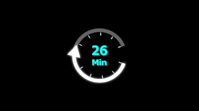 26 Min clock icon animation. 26 minute animation on black background and creating a stunning 4k video.