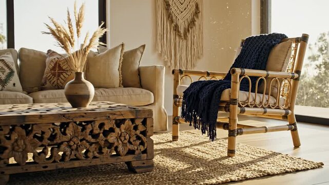 Bohemian Living Room With Natural Light and Textured Decor Featuring a Woven Chair and Intricate Wood Coffee Table